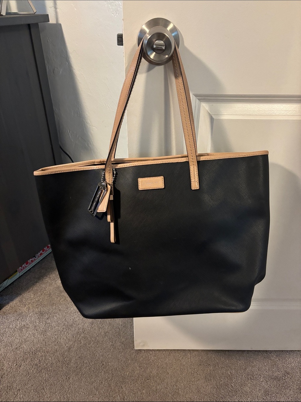 Coach Black Tote with Tan Trim and Handles